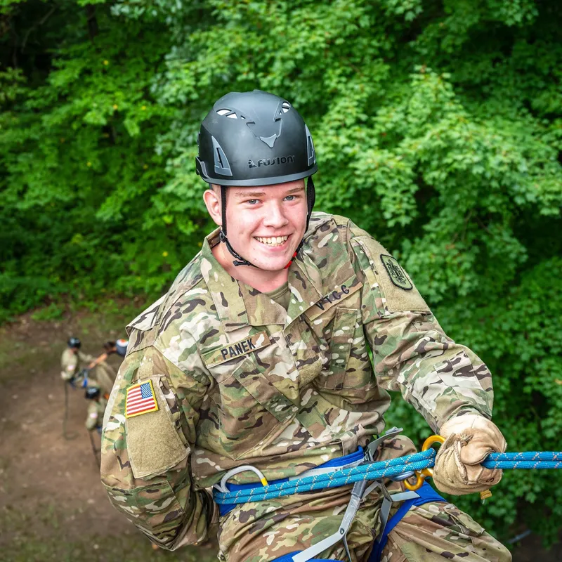 Joshua Panek in Virginia Tech Corps of Cadets uniform during rappelling training