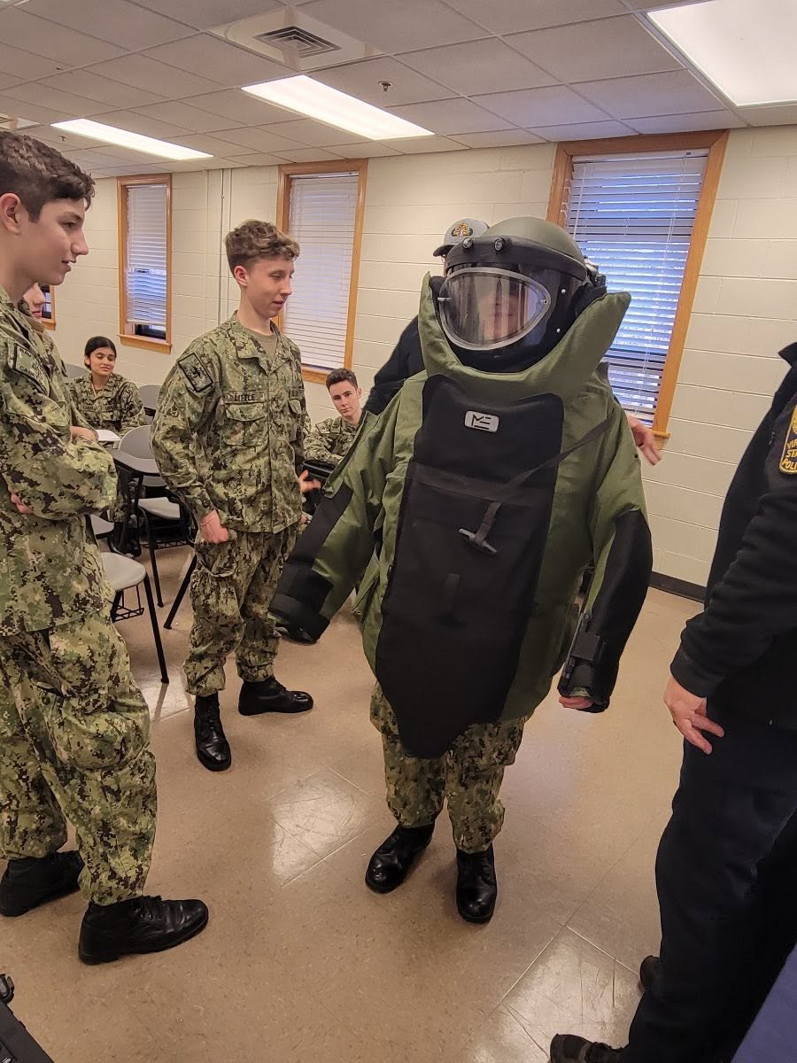 Cadet in full bomb disposal suit during EOD training with Virginia State Police