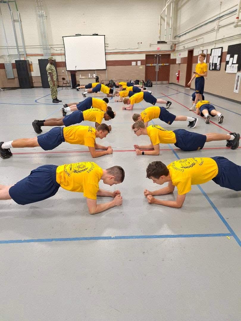 Sea Cadets doing physical training during a monthly drill at the Richmond NOSC